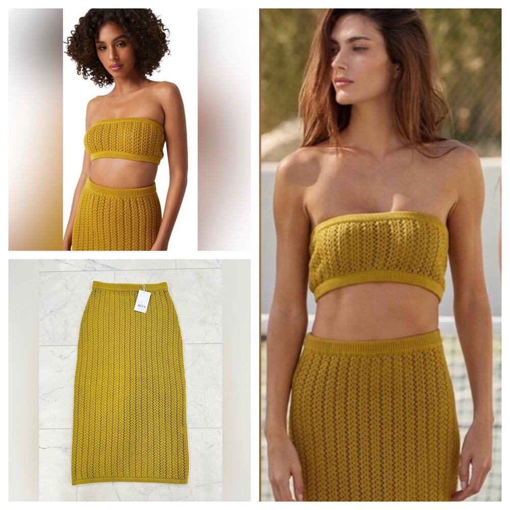 MISA Los Angeles Tia Bandeau and Layla Skirt Set in Chartreuse Size XS